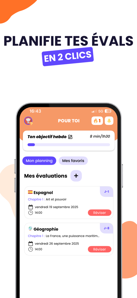 Brevet Bac Licence 2025 Nomad - Un smartphone montrant le tableau de bord de planification d'examens de l'application Nomad Éducation avec les prochaines évaluations scolaires et une barre de progression de l'étude hebdomadaire.