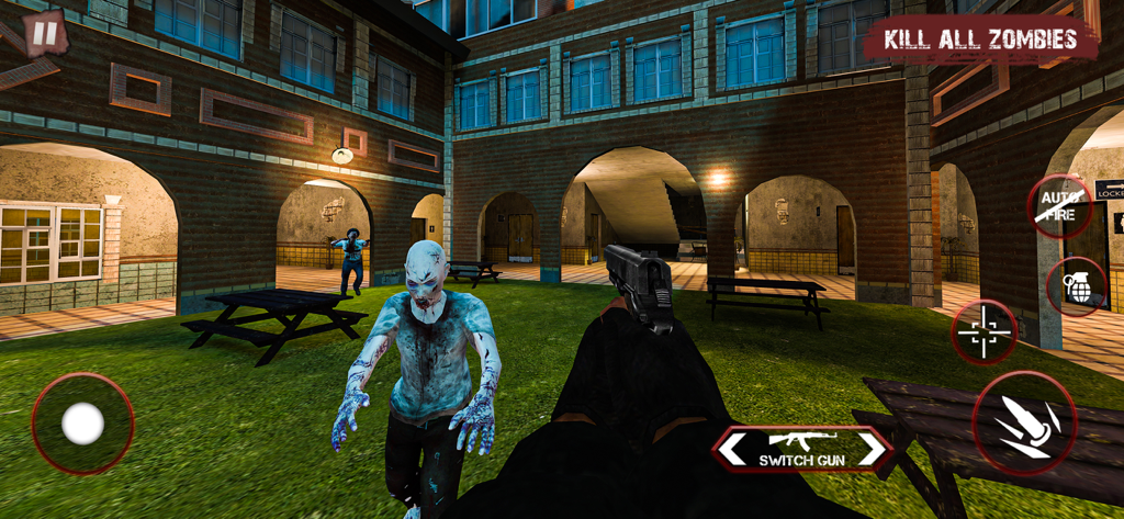 First-person shooter gameplay showing a player facing a zombie in an outdoor 3D environment.