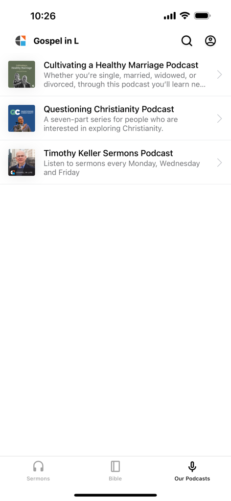 Gospel in Life - Podcasts menu in the Gospel in Life app showing Timothy Keller sermons and other theological series