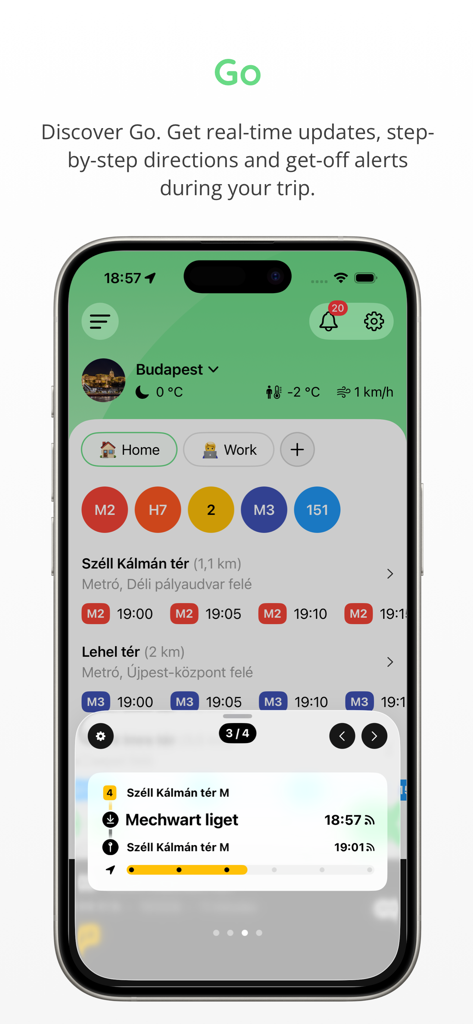MenetrendApp mobile Oberfläche mit Echtzeit-Nahverkehrsplänen und Routenplanung für Budapest