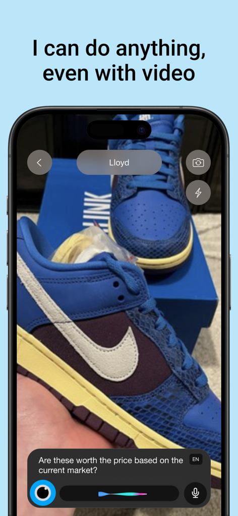 Lloyd - Your AI Superpower - La aplicación Lloyd AI utiliza el reconocimiento de video para analizar el valor de mercado de un par de zapatillas deportivas