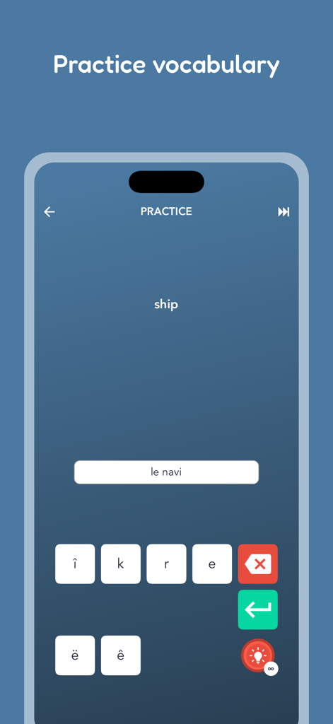 Tobo: Learn French Vocabulary - Tobo app practice screen showing a French vocabulary word game