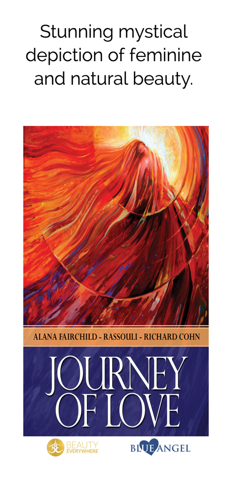 Journey of Love Oracle app splash screen featuring mystical visionary art and feminine beauty