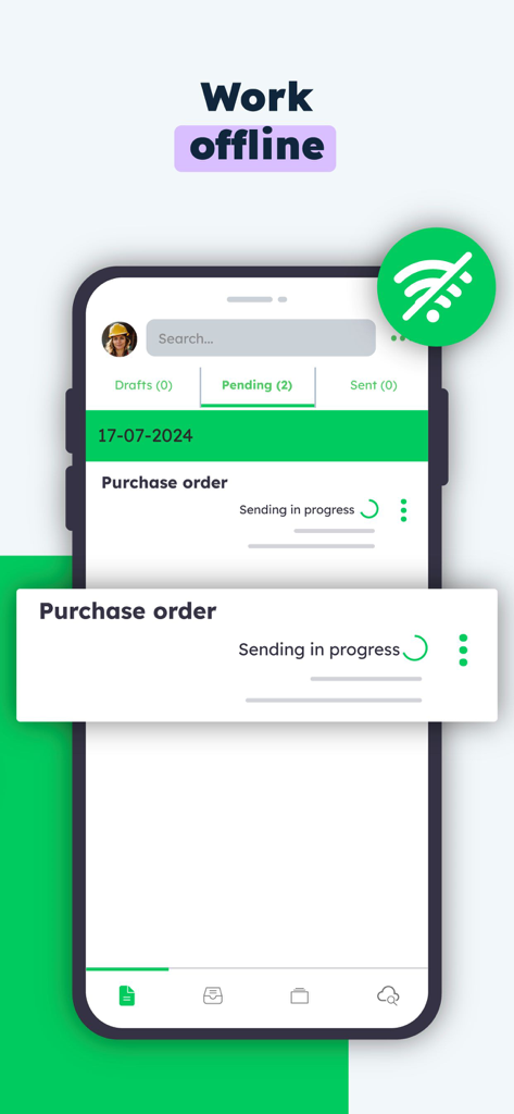 Kizeo Forms, Mobile forms - Interfaz de la aplicación móvil Kizeo Forms que muestra capacidades de trabajo sin conexión para una orden de compra