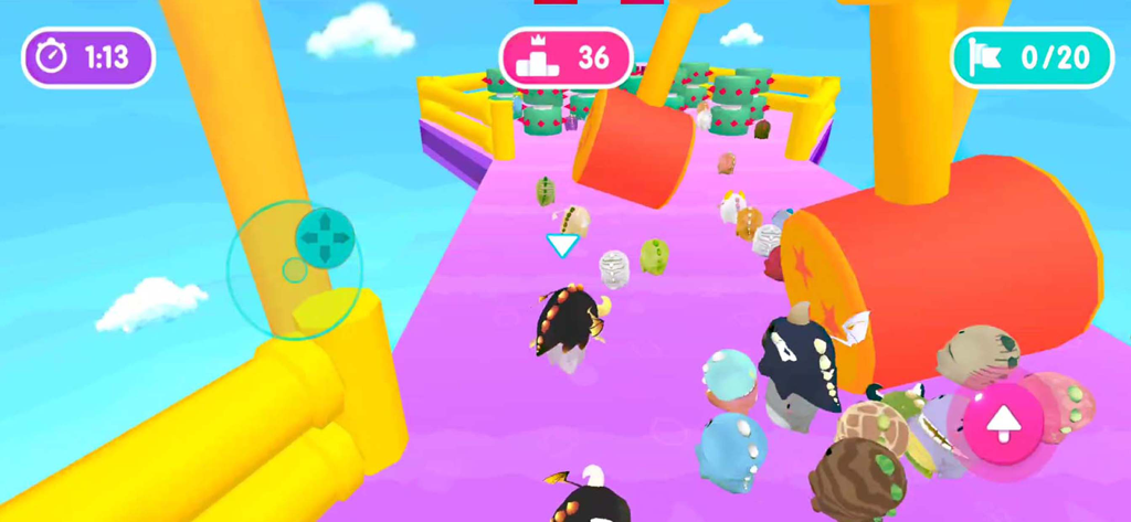 Fall.io - Race of Dino - Dinosaur characters racing through a colorful obstacle course with swinging hammers