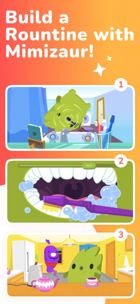 Mimizaur: Tooth Brushing Timer - Three cartoon steps illustrating a tooth brushing routine with the Mimizaur character