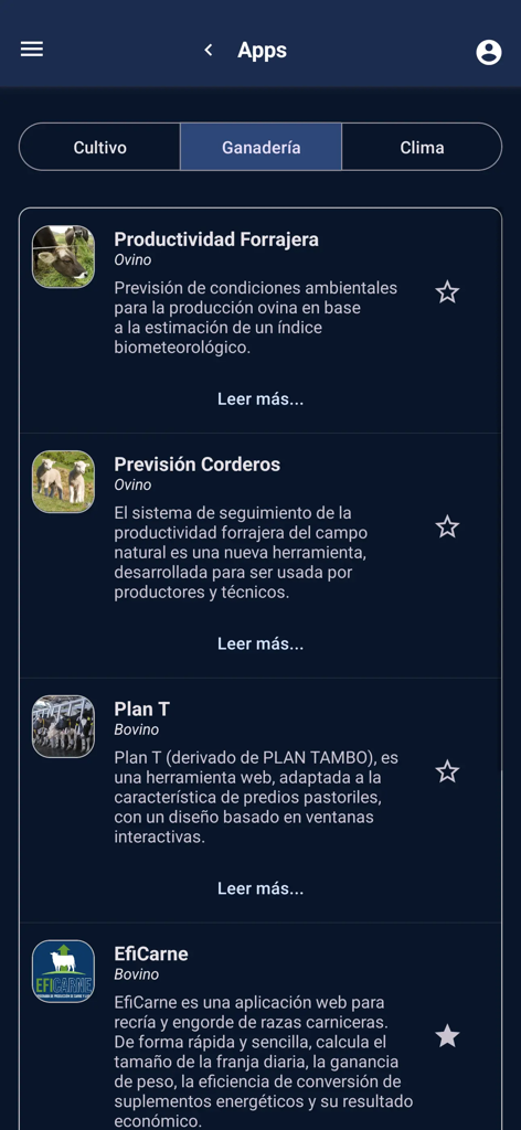 INIA móvil - Una lista de herramientas de gestión ganadera dentro de la interfaz de la app INIA móvil