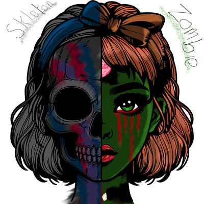 realistic girl with half skull mask