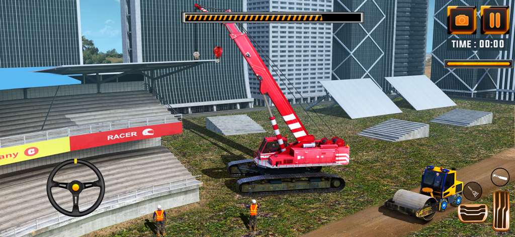 Stadium Construction Simulator - Una gru cingolata rossa che costruisce uno stadio in un gioco di simulazione di costruzione