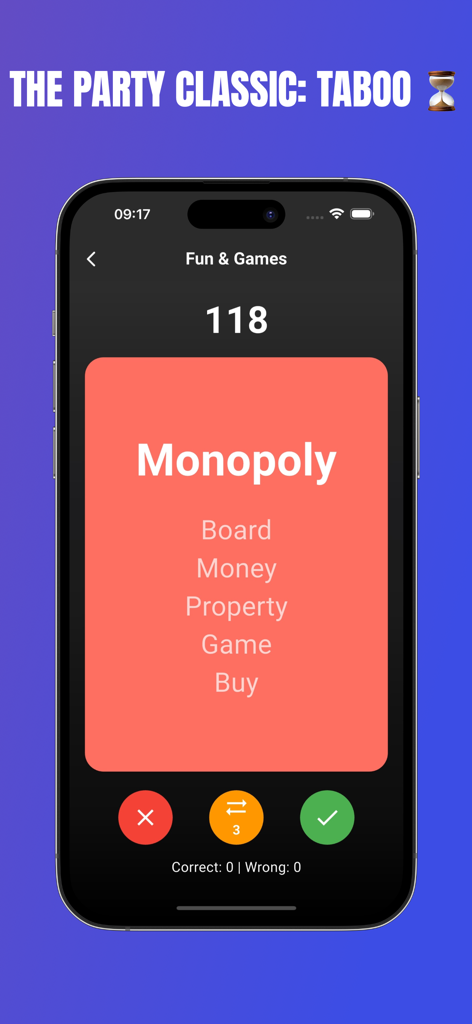 Imposter Game by FlipParty - Pantalla de juego de la aplicación FlipParty mostrando un juego de adivinanza de palabras al estilo Tabú con una tarjeta de Monopoly