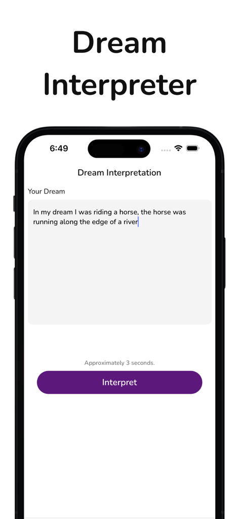 AI Dream Interpretation Diary - Interface of the AI Dream Interpretation Diary app showing a dream entry text box and an interpret button