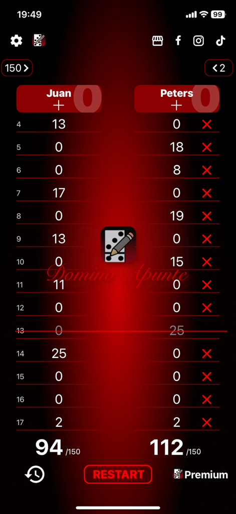 Interfaccia del tabellone digitale per Domino Apunte che tiene traccia dei punteggi di due giocatori