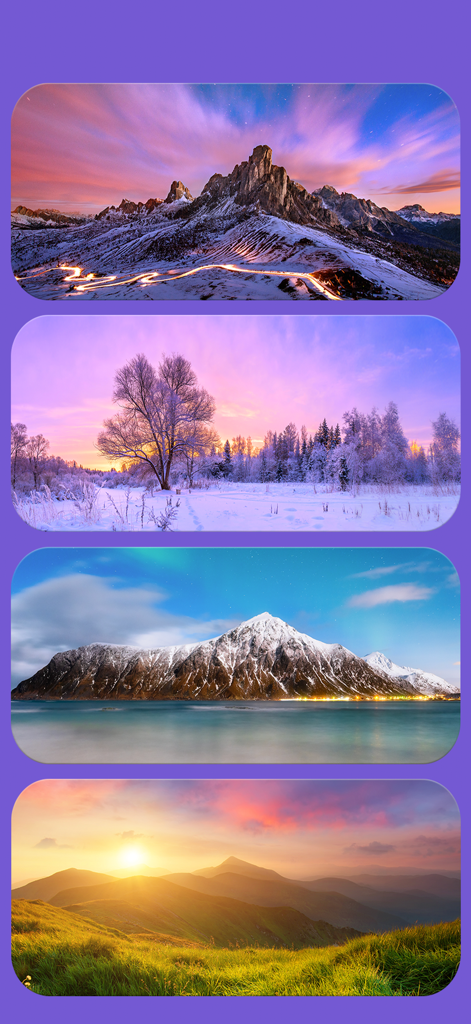 World of Wonders - Word Search - Cuatro hermosos paisajes que incluyen montañas, nieve y puestas de sol del juego.