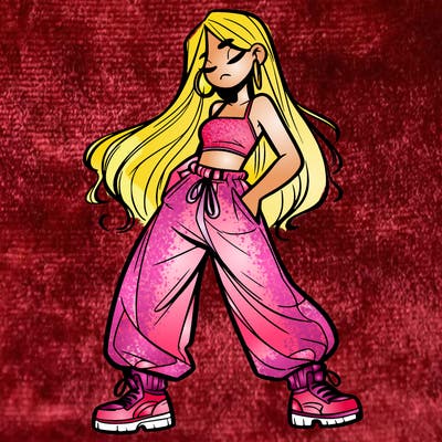 girl in baggy pants crop top and long hair