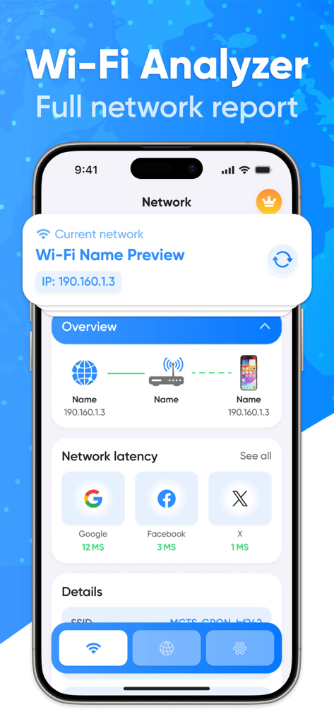 WIFI analyzer. Network scanner - Interfaz de aplicación móvil que muestra un informe de red completo con rutas de conexión y pruebas de latencia de sitios web.