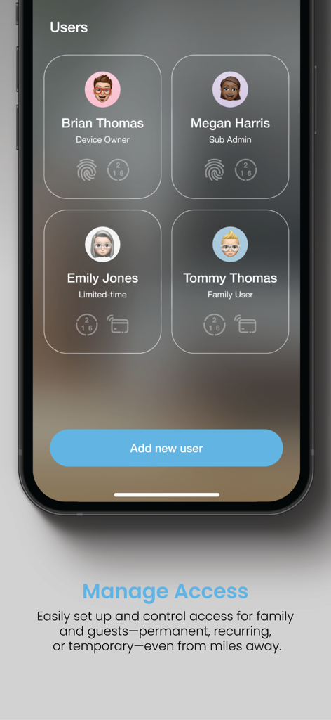 Lockly Home app screen showing user management for family and guest access control