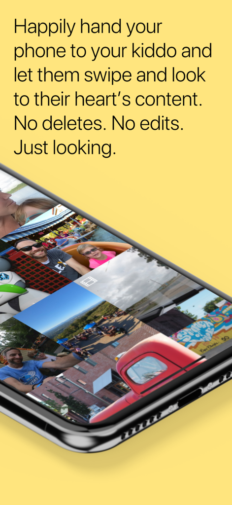 Peek-a-View - A smartphone showing the Peek-a-View app with a grid of family photos and text explaining its safe read-only viewing mode for children.