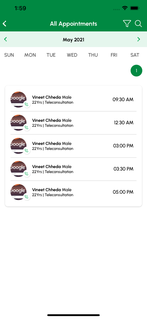 MyFortis Doc - A list of patient teleconsultation appointments within the MyFortis Doc app schedule view