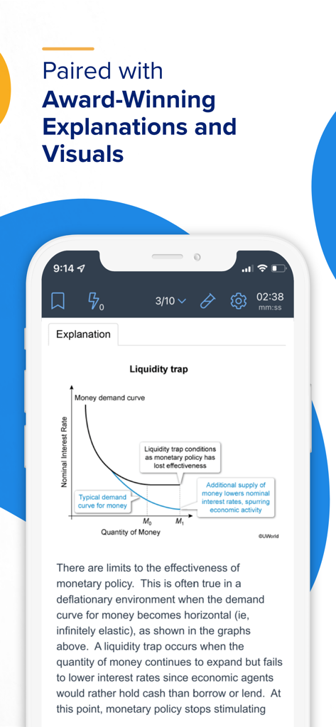 UWorld Finance - Exam Prep - UWorld Finance app screen showing a detailed explanation and graph for a liquidity trap.