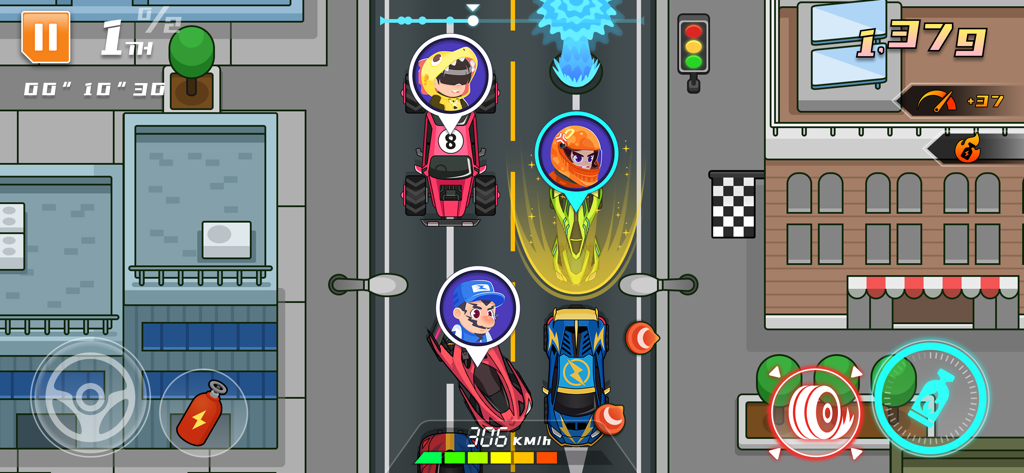 Racing Car Games for Kids - A top-down view of a kids car racing game featuring cartoon drivers and colorful vehicles on a city street track with nitro boost effects.