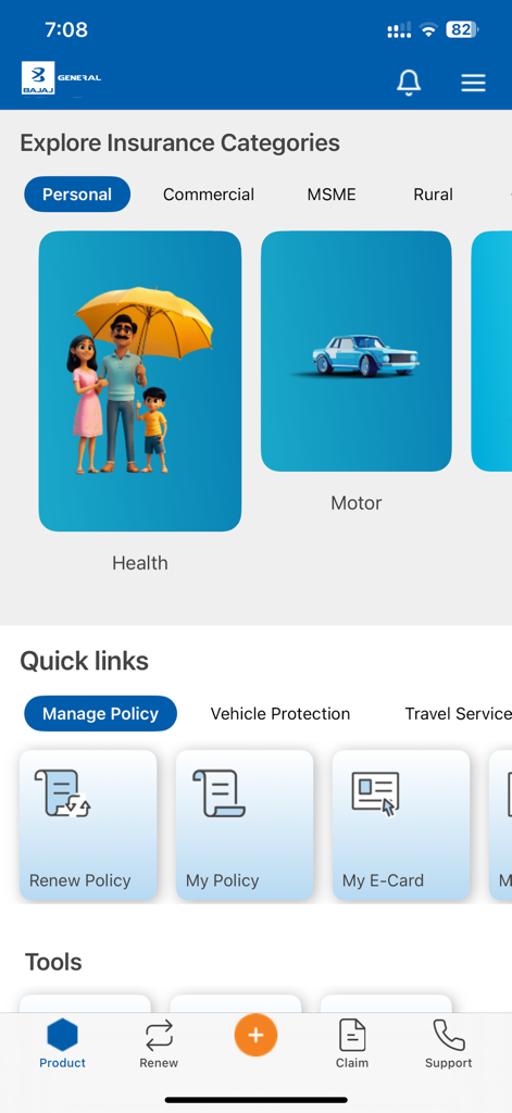 Bajaj General insurance app home screen showing health and motor insurance categories and policy management tools