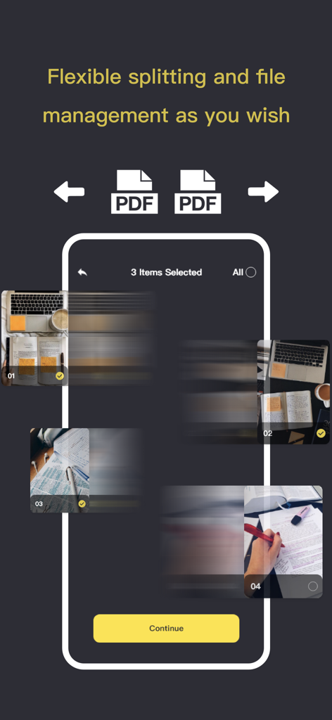 PDF Reader - Viewer&Scanner - Interfaz móvil de una app escáner de PDF que muestra la gestión de documentos y las funciones de división de archivos.