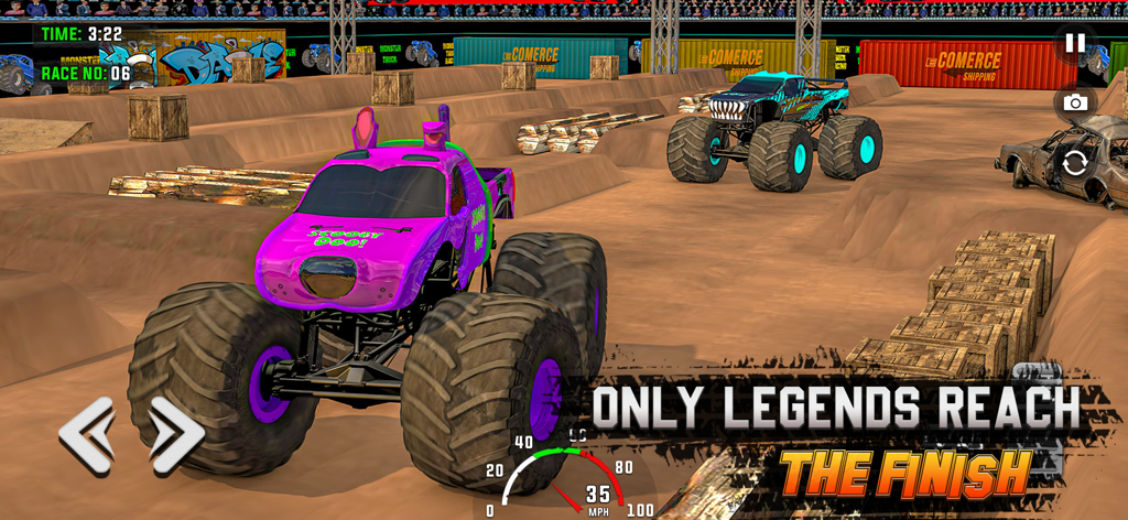 Monster Truck: Drag Race Clash - Un monster truck morado compitiendo en una arena de barro con obstáculos y camiones rivales en un juego móvil