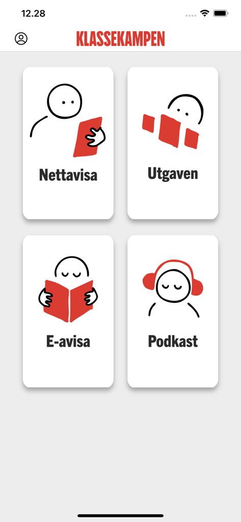 클라세캄페넨 앱 홈 화면에는 온라인 뉴스, 일일판, E-페이퍼, 팟캐스트를 위한 네 개의 주요 탐색 버튼이 표시됩니다.