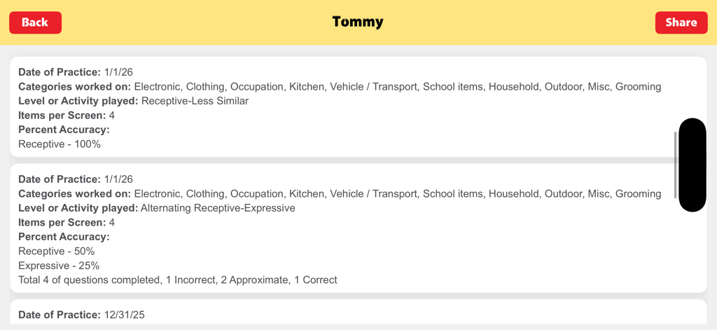 Fun & Functional - Um relatório de progresso clínico no aplicativo Divertido e Funcional mostrando porcentagens de precisão do aluno para linguagem receptiva e expressiva em várias categorias.