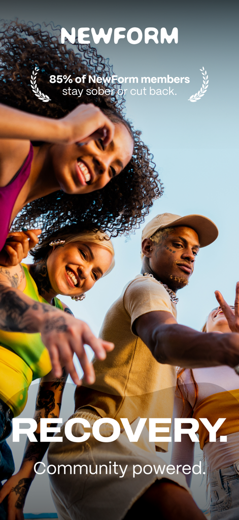 A group of diverse smiling people representing the NewForm recovery community with text stating 85 percent of members stay sober or cut back