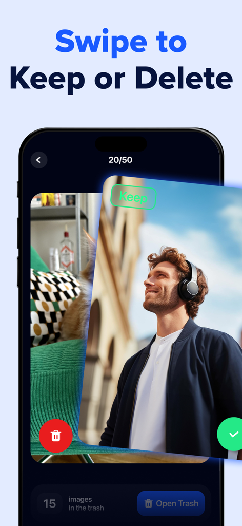 Cleaner AI: Photo Cleanup - Uno screenshot dell'interfaccia dell'app Cleaner AI che mostra la funzione di scorrimento per conservare o eliminare per organizzare le foto