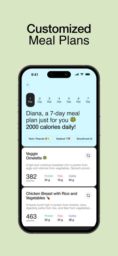 Interfaz de la aplicación Nutemi que muestra un plan de comidas personalizado de 7 días con conteos de calorías y macros para recetas diarias
