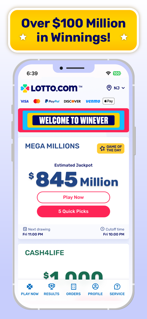 Lotto.com app home screen showing a 845 million dollar Mega Millions jackpot with quick pick options and payment methods