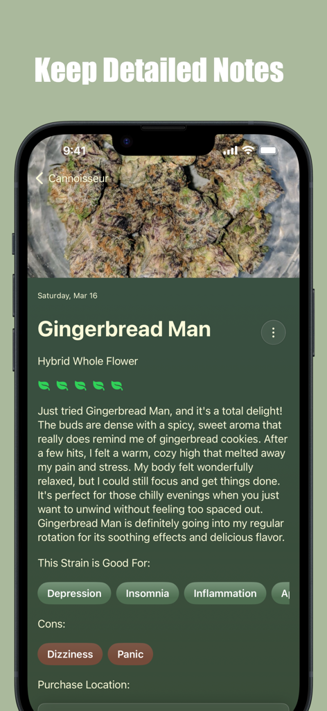 A detailed cannabis journal entry in the Cannoisseur app featuring the Gingerbread Man strain with a photo and list of effects