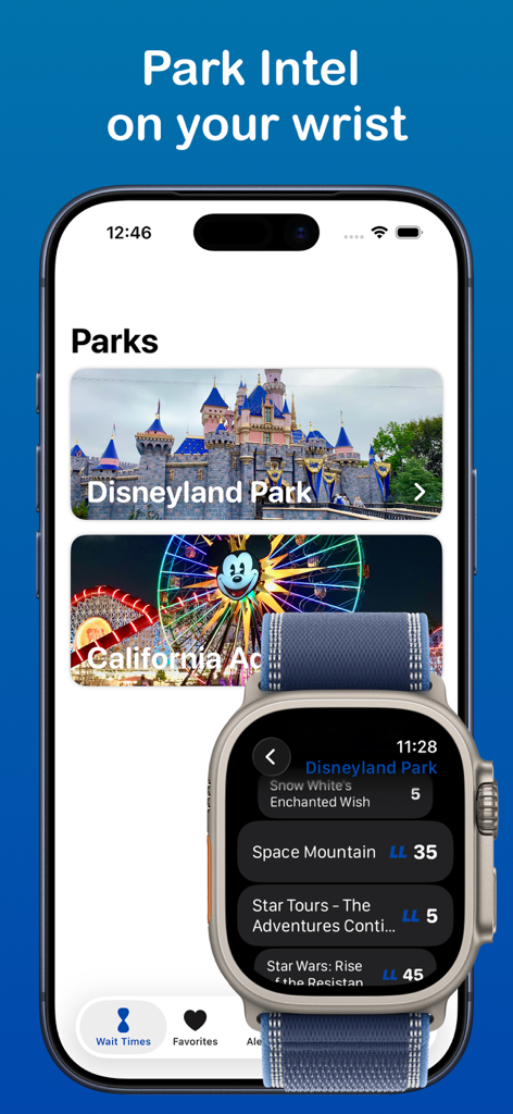 LineTime for Disneyland - LineTime app showing Disneyland park selection on an iPhone and real-time ride wait times on an Apple Watch