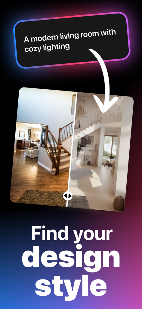 Comparación generada por IA de antes y después que muestra el rediseño de una sala de estar moderna con iluminación acogedora