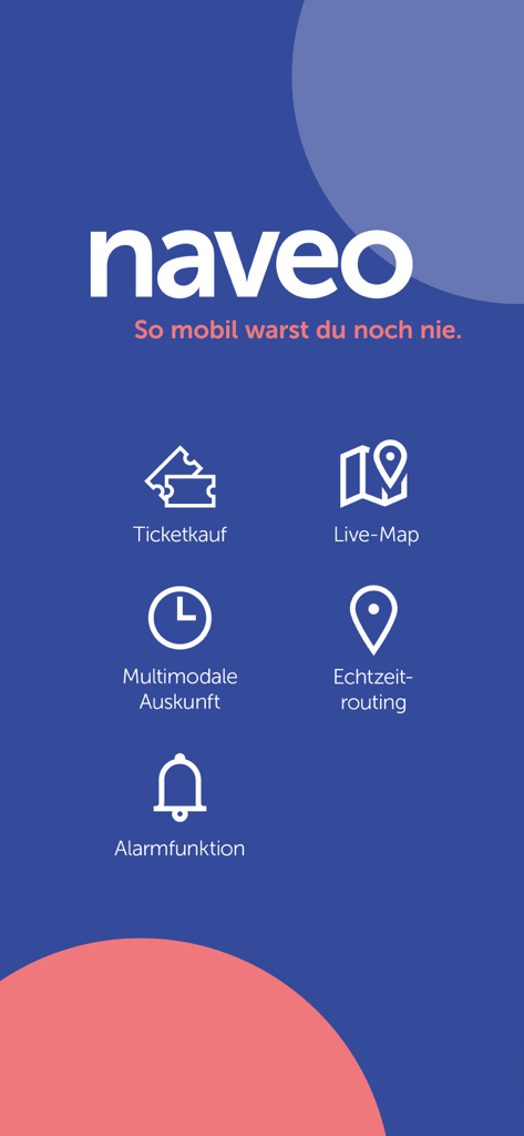AVV connect - Naveo app splash screen displaying core features including ticket purchase live map multimodal transit and real time routing