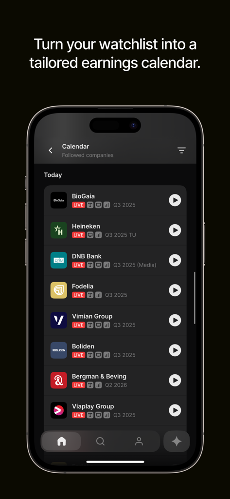 Écran de smartphone affichant un calendrier des résultats personnalisé pour les entreprises suivies dans l'application de recherche financière Quartr.
