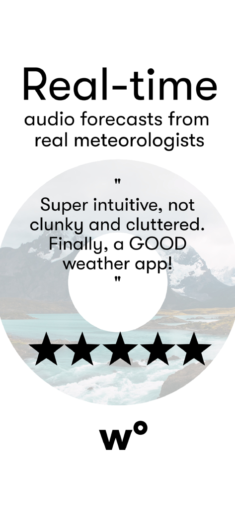Weatherology: Weather Together - Review for Weatherology app showing a 5 star rating and real time audio forecasts headline