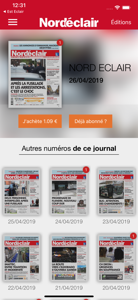 Nord Eclair - Interface de l'application mobile Nord Eclair affichant diverses éditions du journal quotidien