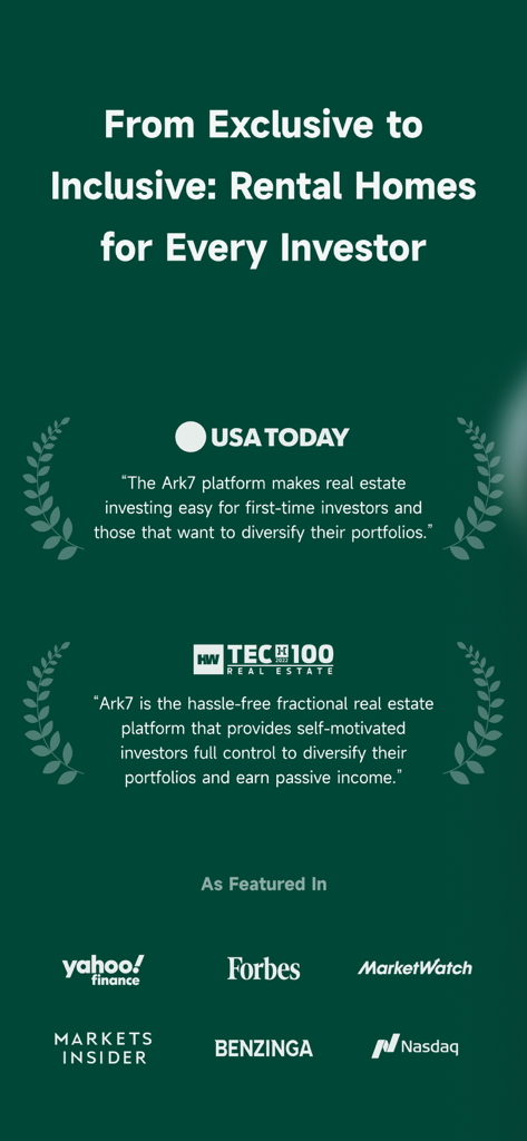 Ark7 app screenshot displaying media endorsements from USA Today and Forbes regarding real estate investing