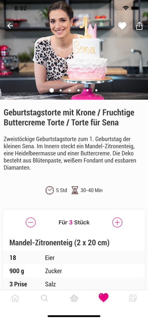 L'app Sallys Welt mostra una ricetta per torta di compleanno con ingredienti e calcolatore delle porzioni.