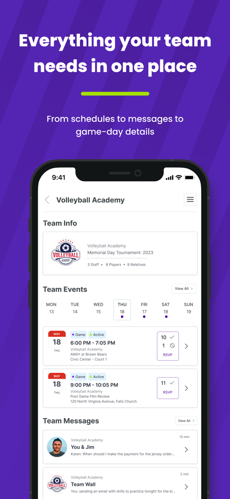OTTO SPORT - OTTO SPORT mobile app interface showing youth volleyball team events schedules and messaging