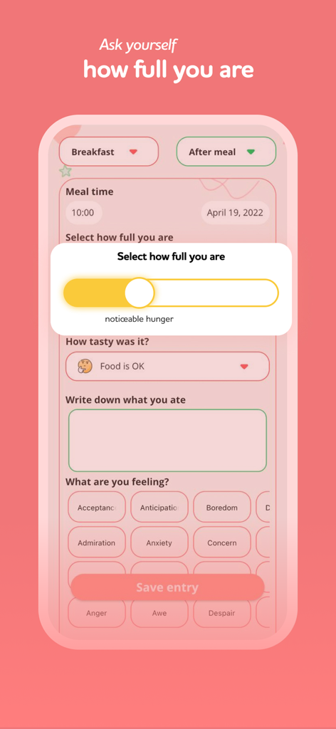 I feel food - mindful eating - Interfaz de la escala de hambre y saciedad en la aplicación I feel food