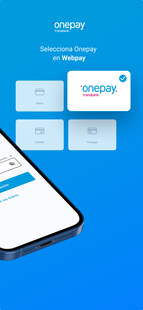 Onepay: paga fácil y rápido - Interface of Onepay app showing the option to pay with Webpay