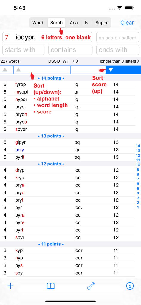 Svenska  Words Finder PRO - Screenshot of the Svenska Words Finder PRO app interface showing word suggestions sorted by point score for Scrabble and Wordfeud.