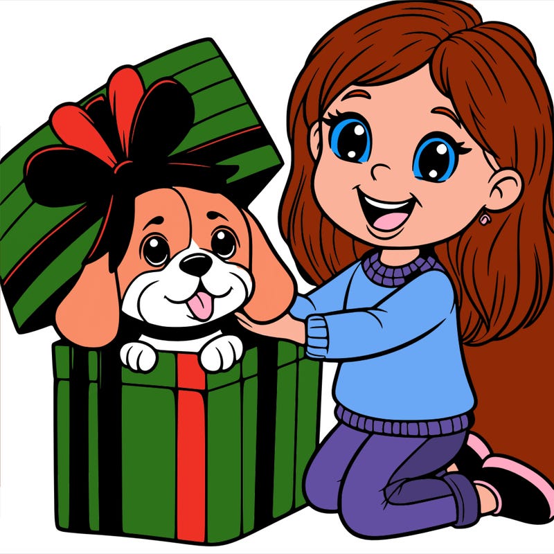 happy girl opening a gift with beagle inside