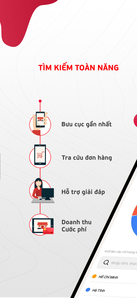 Viettel Post - 우체국 위치 찾기 및 주문 추적을 포함한 검색 기능을 보여주는 Viettel Post 앱 화면