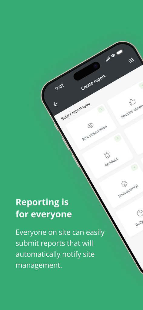 Infobric Field App zeigt Berichtstypen für Baustellen an, einschließlich Risikobetrachtung und Unfallberichten
