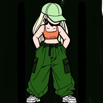 a girl with baggy pants and a crop top